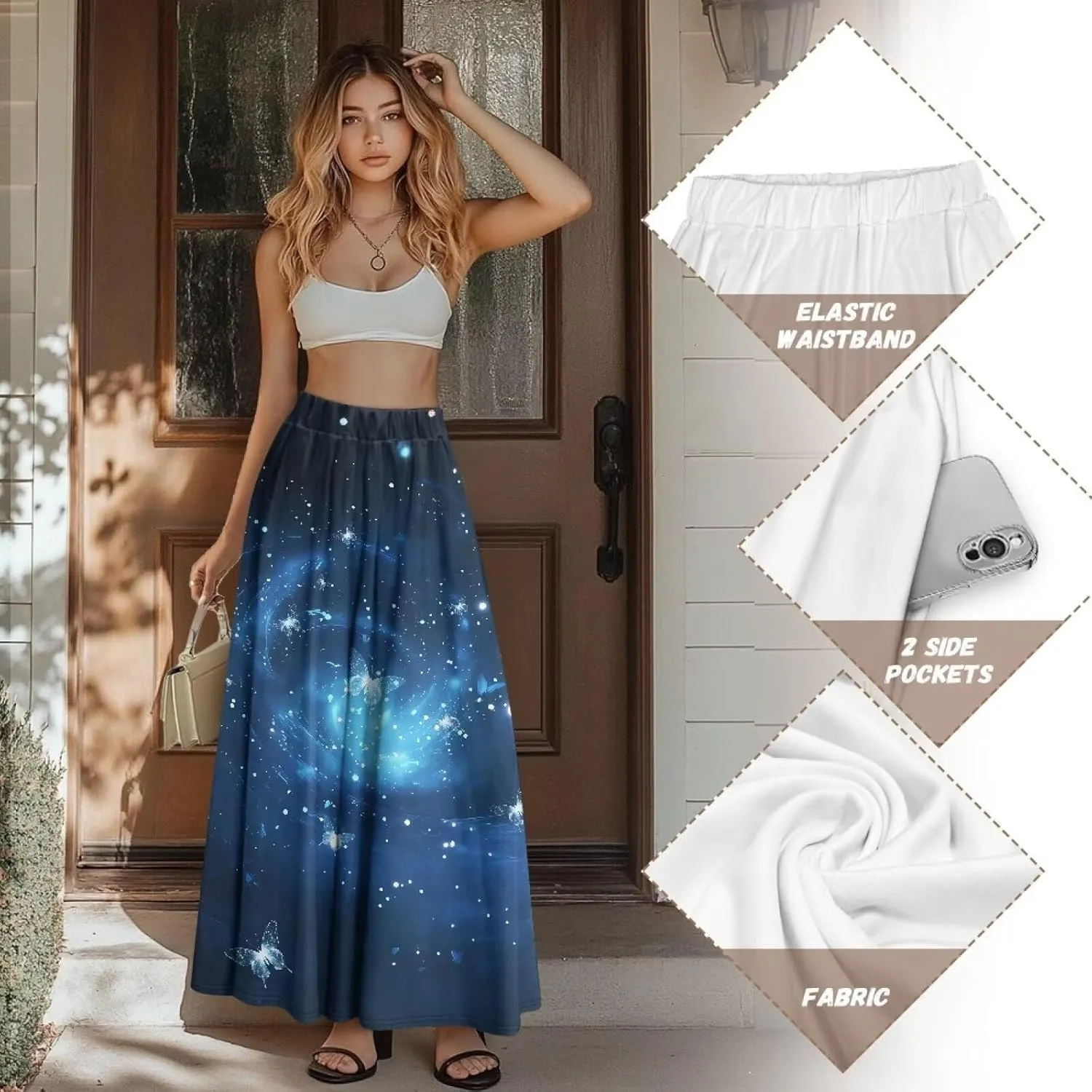 Women's Long Maxi Skirt Pleated High Waist Swing Skirt 2024 Fall Winter Stylish Skirt with Pockets