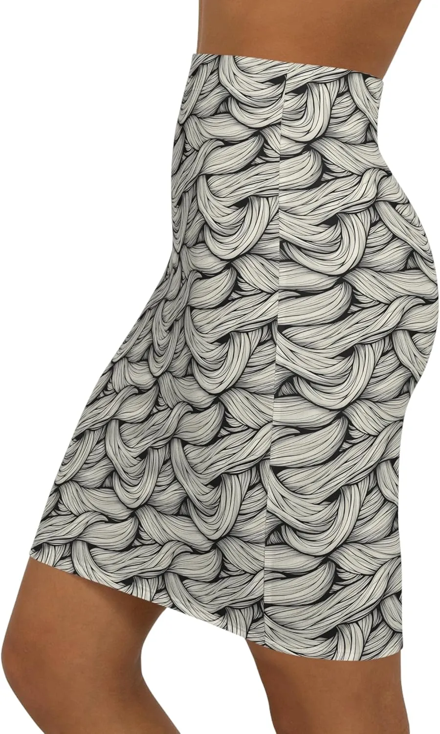 Womens Mid Waist Pencil Skirt  Black & White Braided Rope Print  Available in XS to XL  Polyester/Spandex Blend