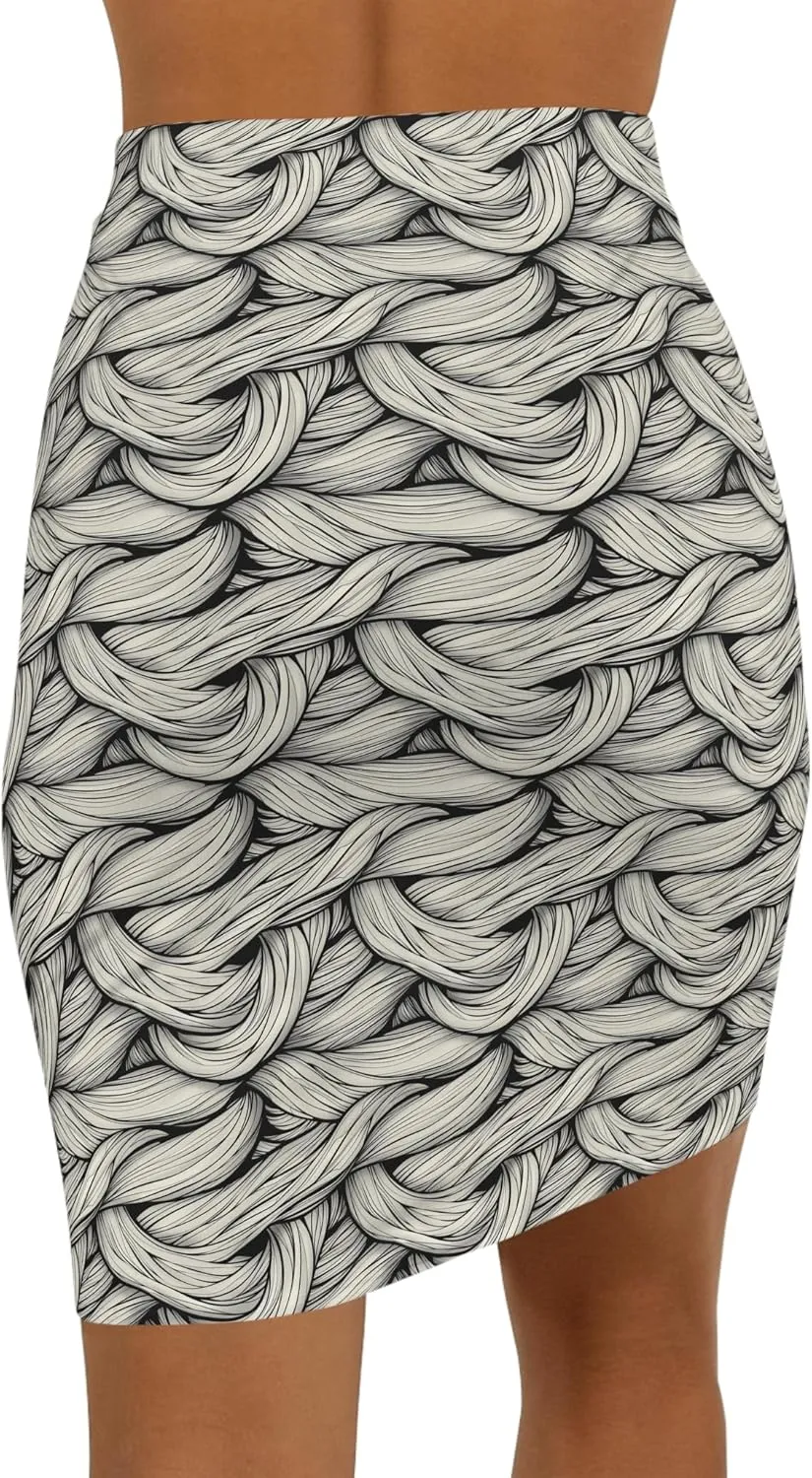 Womens Mid Waist Pencil Skirt  Black & White Braided Rope Print  Available in XS to XL  Polyester/Spandex Blend