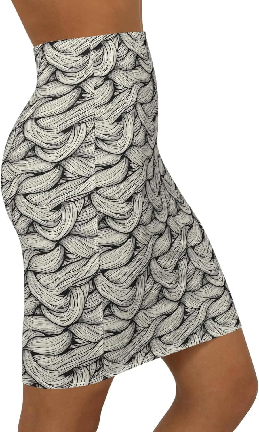 Womens Mid Waist Pencil Skirt  Black & White Braided Rope Print  Available in XS to XL  Polyester/Spandex Blend