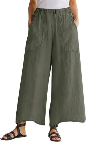 Women's Spring Summer Pant Fashionable Cotton Linen Baggy Pants Wide Legged Pocket Casual Pant Trouser