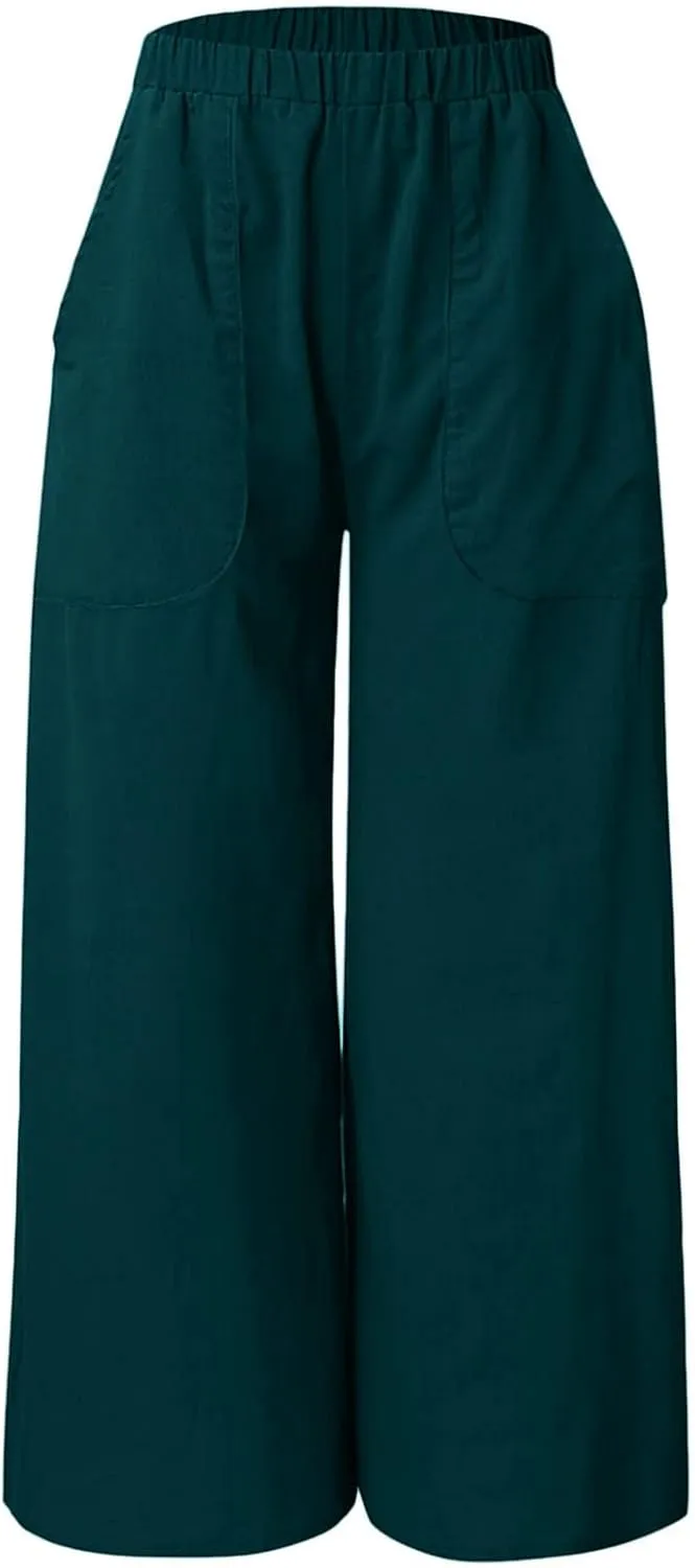 Women's Spring Summer Pant Fashionable Cotton Linen Baggy Pants Wide Legged Pocket Casual Pant Trouser