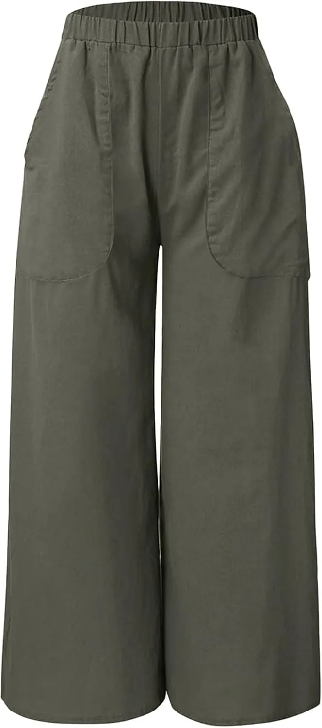 Women's Spring Summer Pant Fashionable Cotton Linen Baggy Pants Wide Legged Pocket Casual Pant Trouser