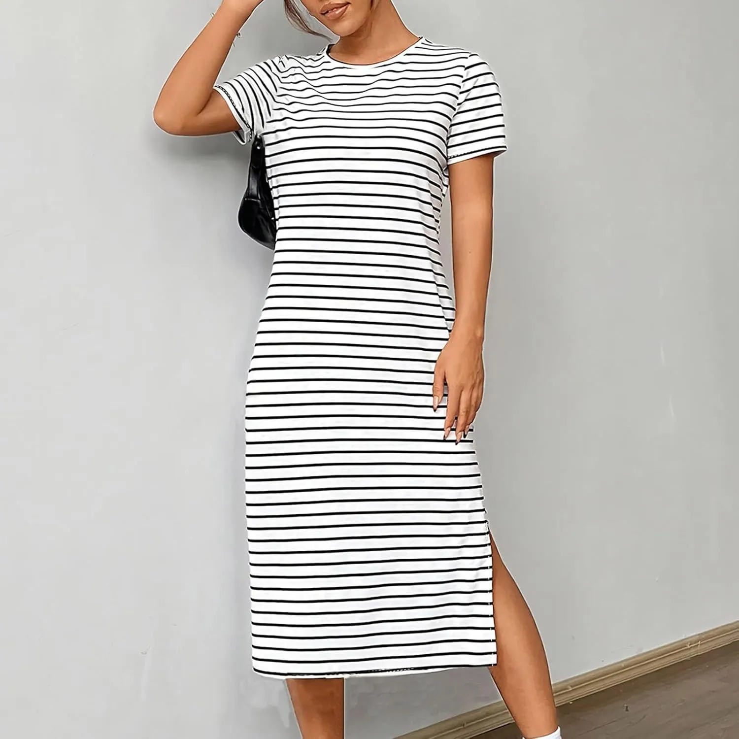 Womens Striped Summer Dress Short Sleeve T Shirt Dress Casual Midi Dresses Side Split Sundress Beach Vacation Outfits