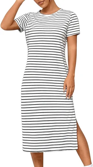 Womens Striped Summer Dress Short Sleeve T Shirt Dress Casual Midi Dresses Side Split Sundress Beach Vacation Outfits