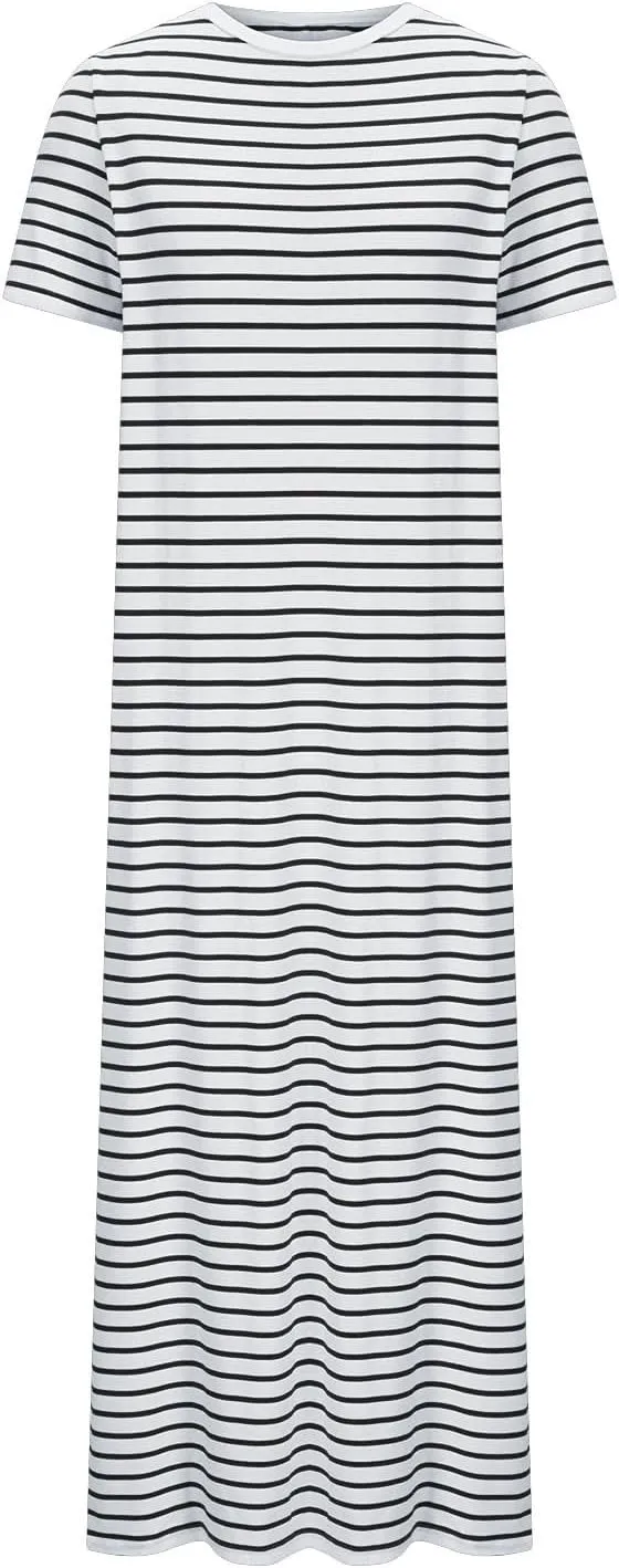 Womens Striped Summer Dress Short Sleeve T Shirt Dress Casual Midi Dresses Side Split Sundress Beach Vacation Outfits