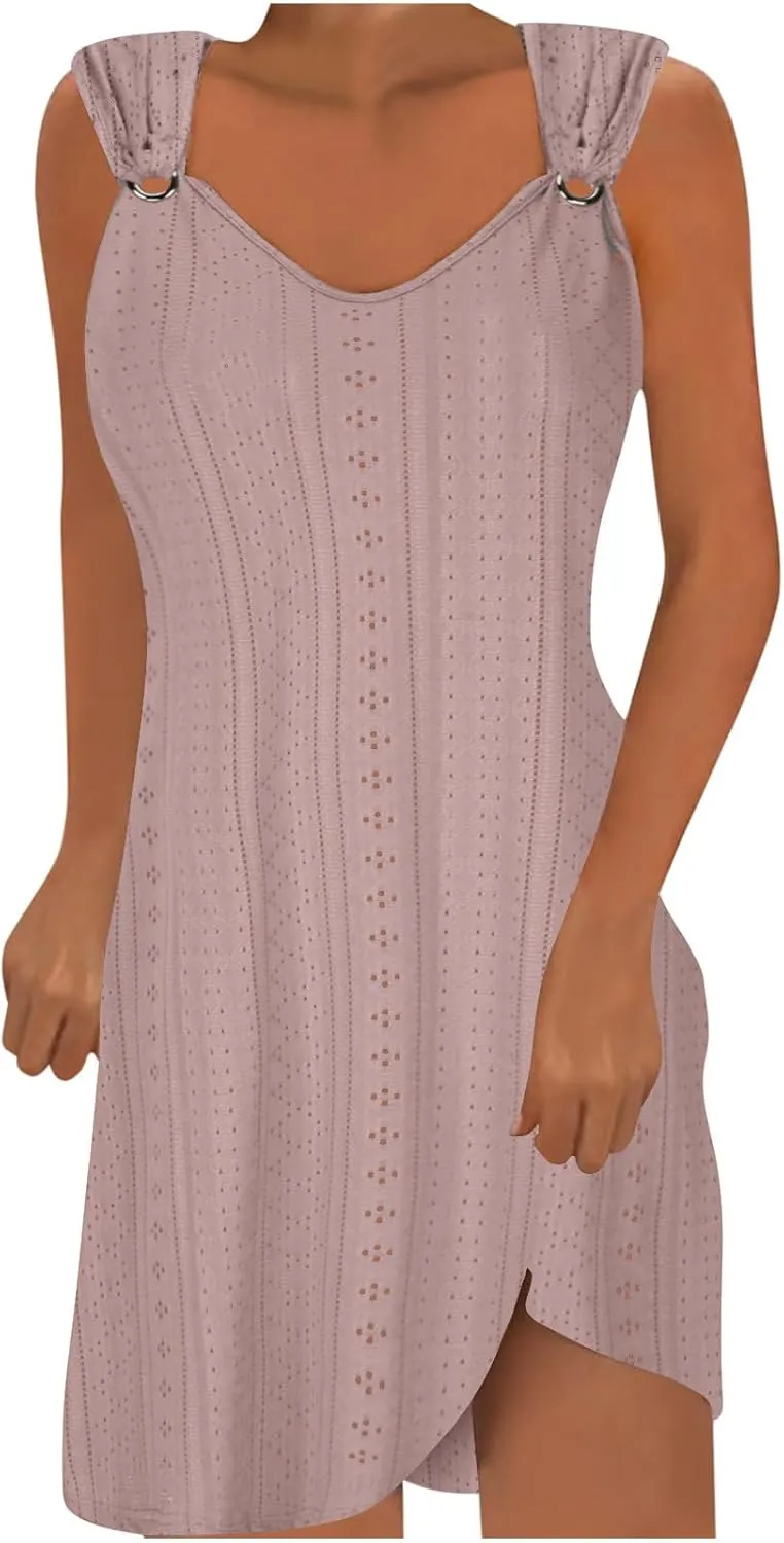 Womens Summer Dresses 2024 Casual Solid V-Neck Sleeveless Short Dress Palace Lock Flowy Loose Fit Mini Dress