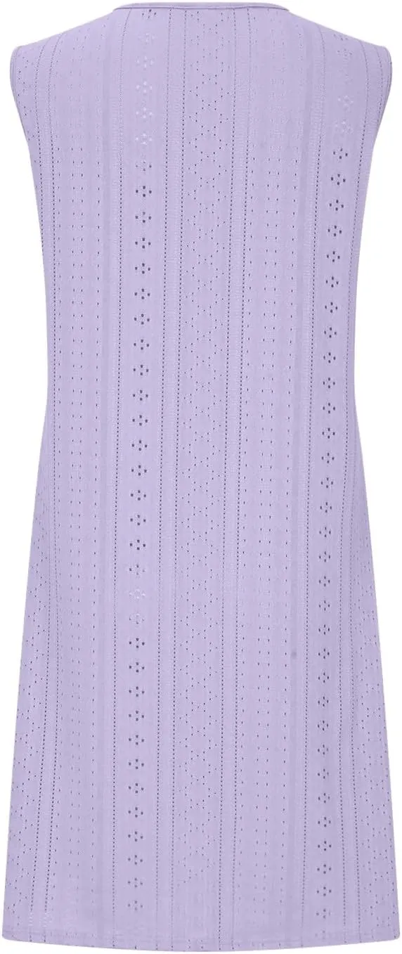 Womens Summer Dresses 2024 Casual Solid V-Neck Sleeveless Short Dress Palace Lock Flowy Loose Fit Mini Dress