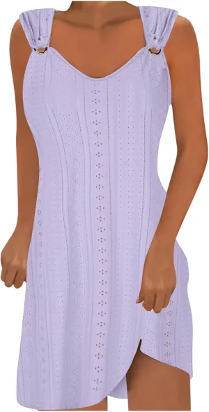 Womens Summer Dresses 2024 Casual Solid V-Neck Sleeveless Short Dress Palace Lock Flowy Loose Fit Mini Dress