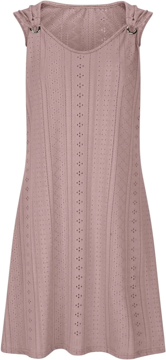 Womens Summer Dresses 2024 Casual Solid V-Neck Sleeveless Short Dress Palace Lock Flowy Loose Fit Mini Dress