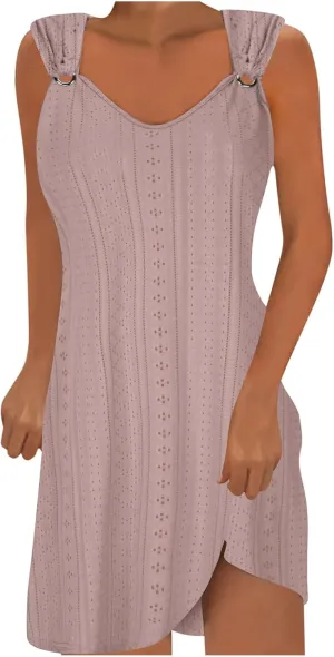 Womens Summer Dresses 2024 Casual Solid V-Neck Sleeveless Short Dress Palace Lock Flowy Loose Fit Mini Dress