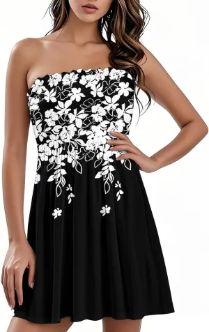 Women's Summer Dresses 2025 Sexy Beach Cover Ups Strapless Boho Floral Print Sundress Tube Top Dress