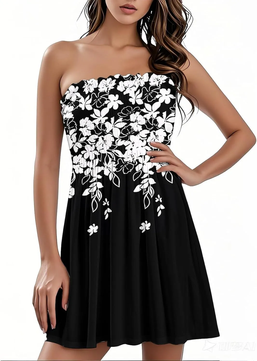 Women's Summer Dresses 2025 Sexy Beach Cover Ups Strapless Boho Floral Print Sundress Tube Top Dress