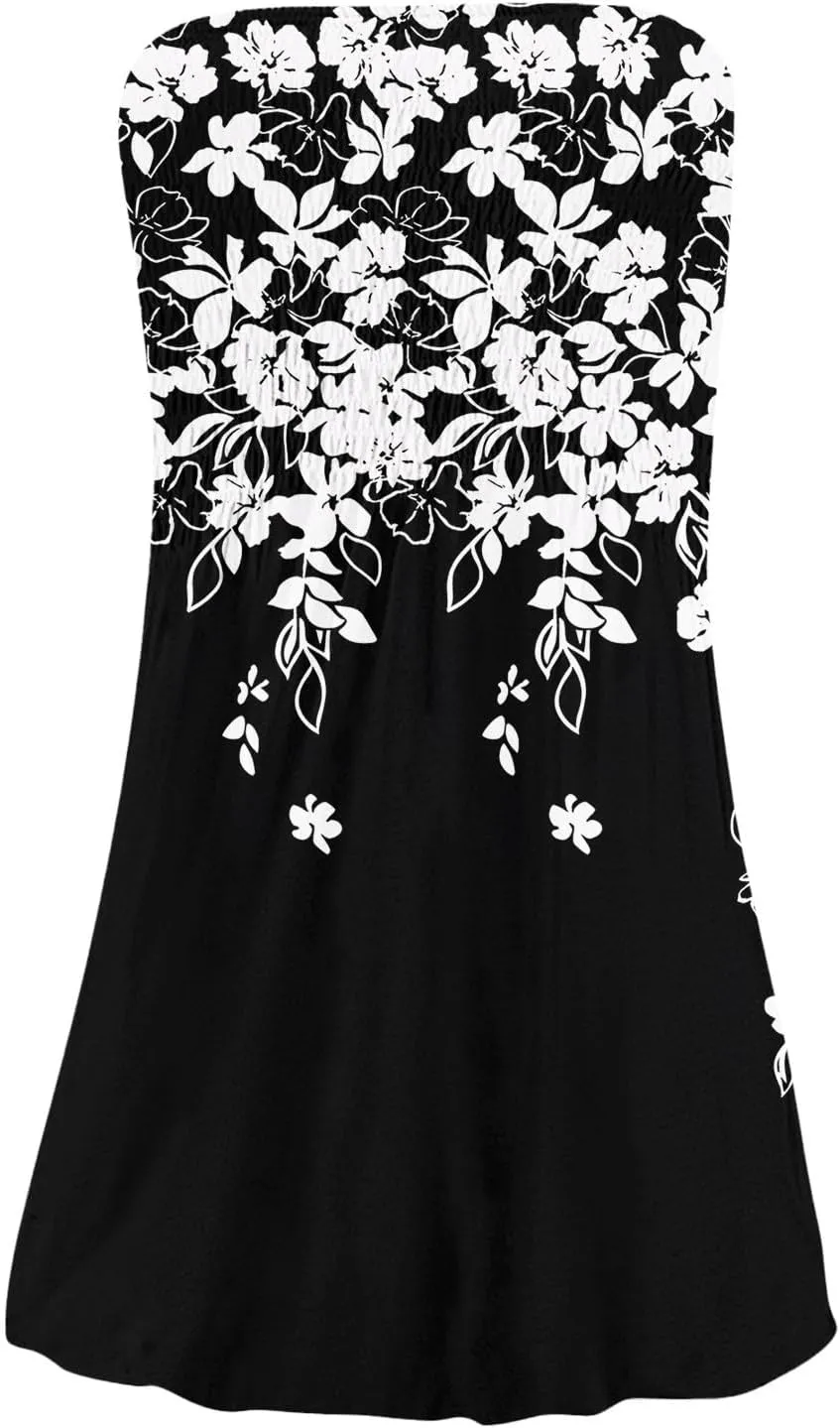 Women's Summer Dresses 2025 Sexy Beach Cover Ups Strapless Boho Floral Print Sundress Tube Top Dress