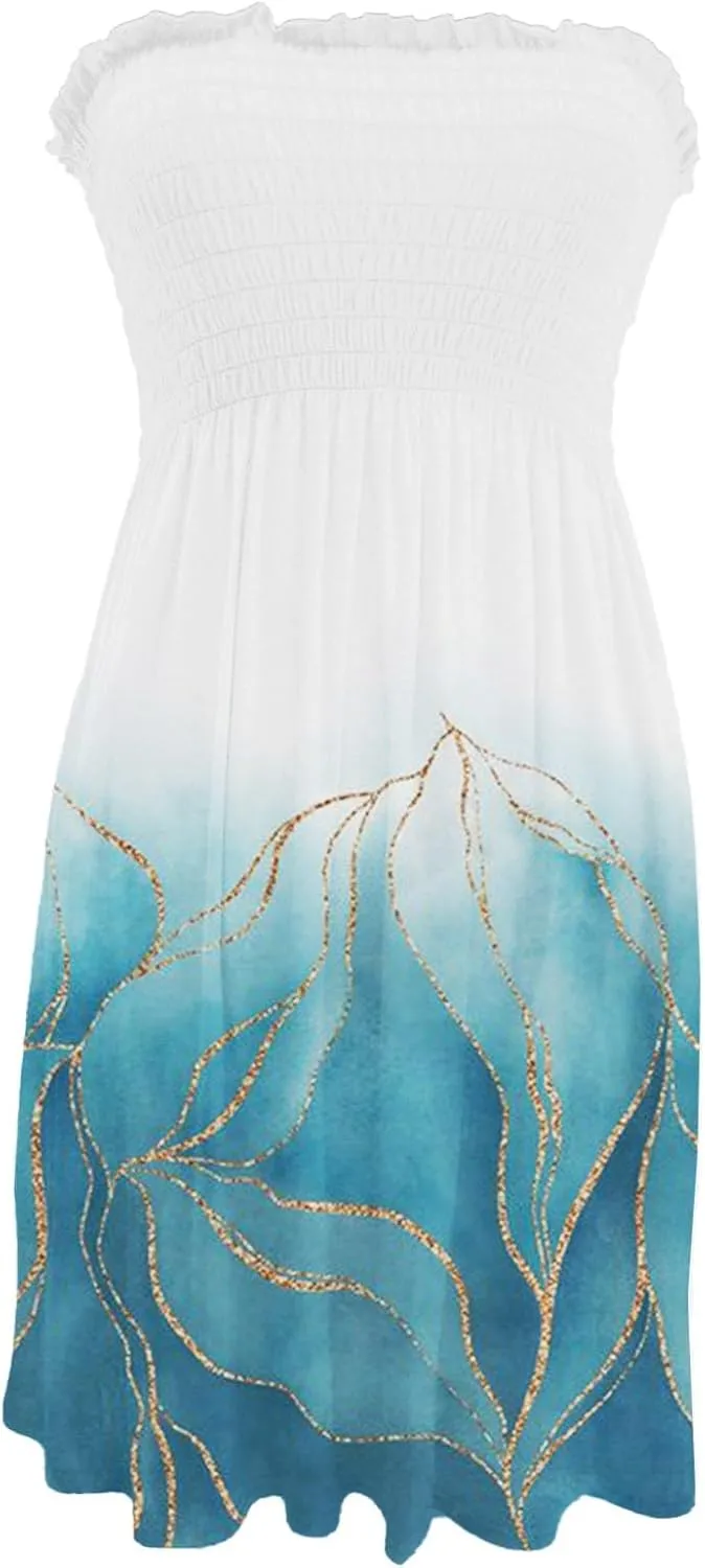 Women's Summer Dresses 2025 Sexy Beach Cover Ups Strapless Boho Floral Print Sundress Tube Top Dress