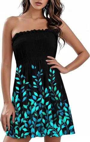 Women's Summer Dresses 2025 Sexy Beach Cover Ups Strapless Boho Floral Print Sundress Tube Top Dress
