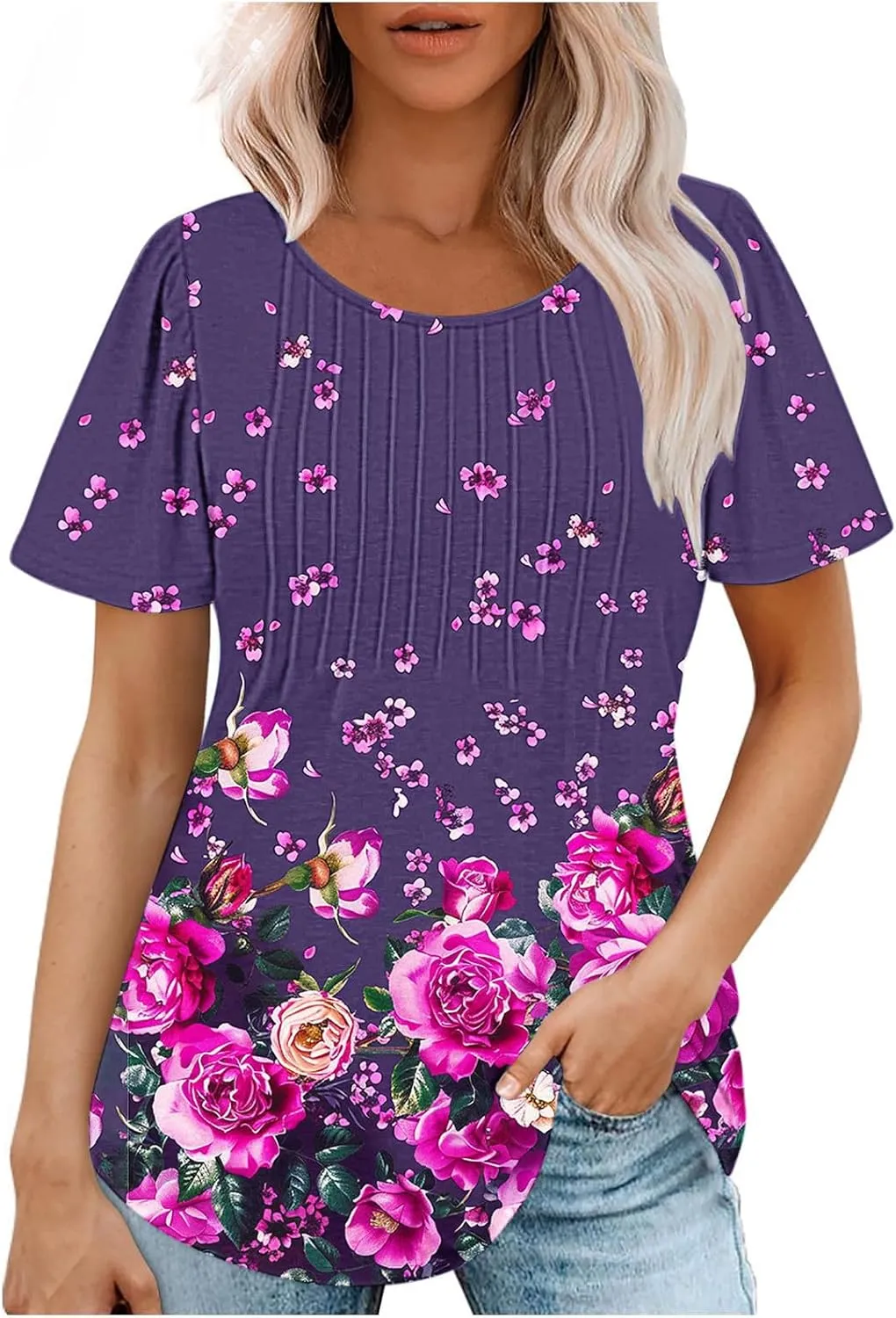 Womens Summer Tops Dressy Casual Short Sleeve Scoop Neck Pleated T Shirts Tunic Blouses Trendy Cute Print Tees