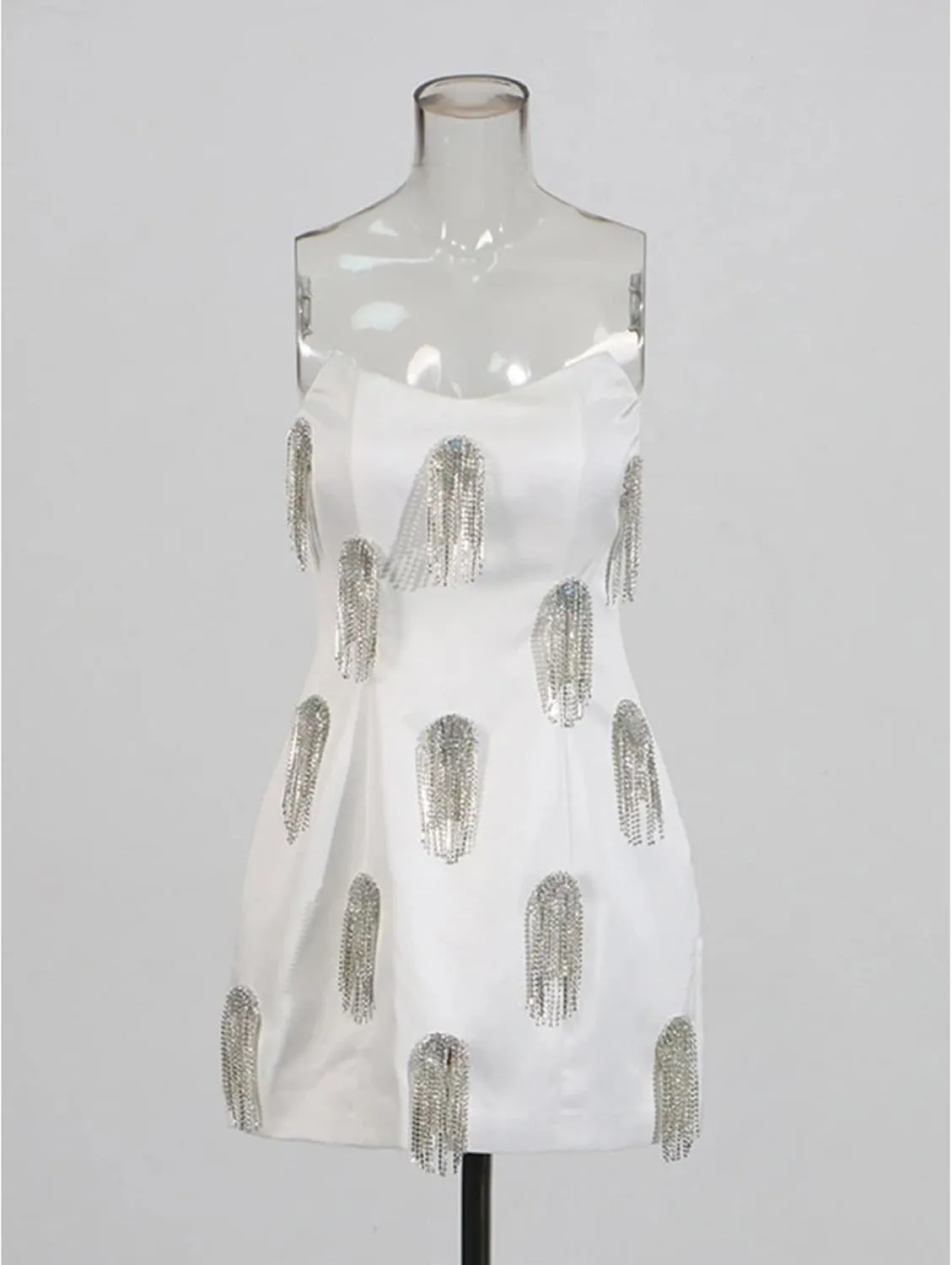 Womens Tassel Detail Slim Dress - Strapless Sleeveless High Waist Evening Gown