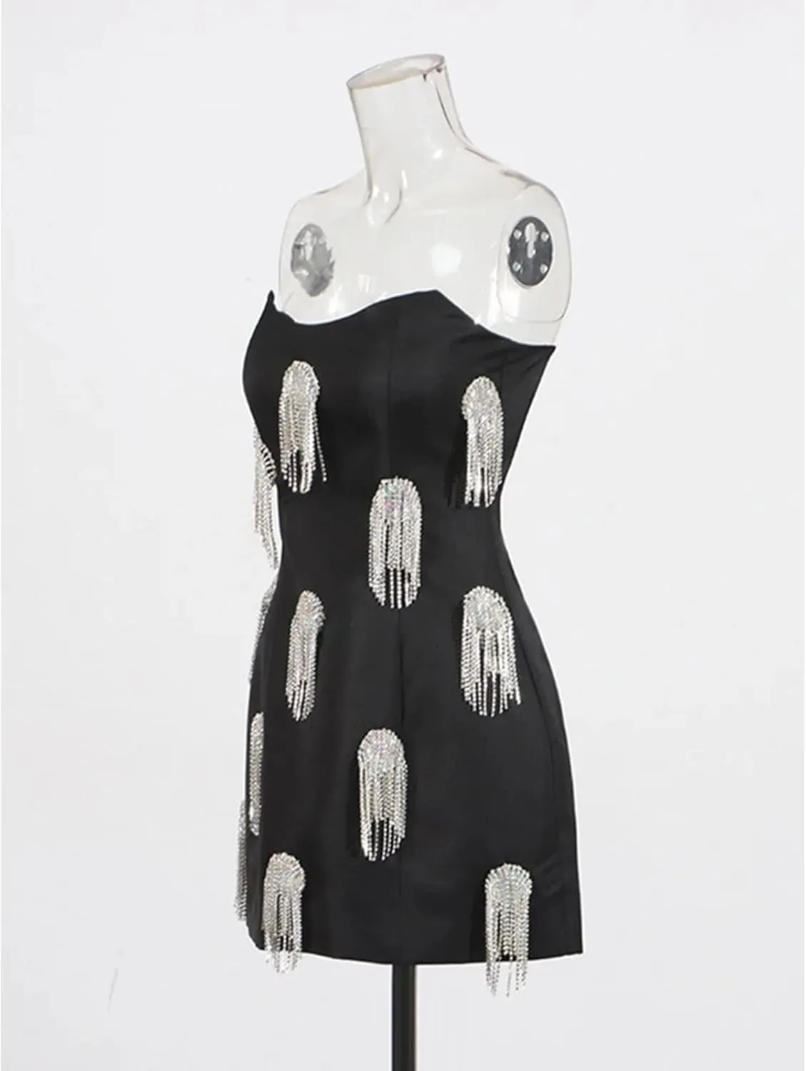 Womens Tassel Detail Slim Dress - Strapless Sleeveless High Waist Evening Gown