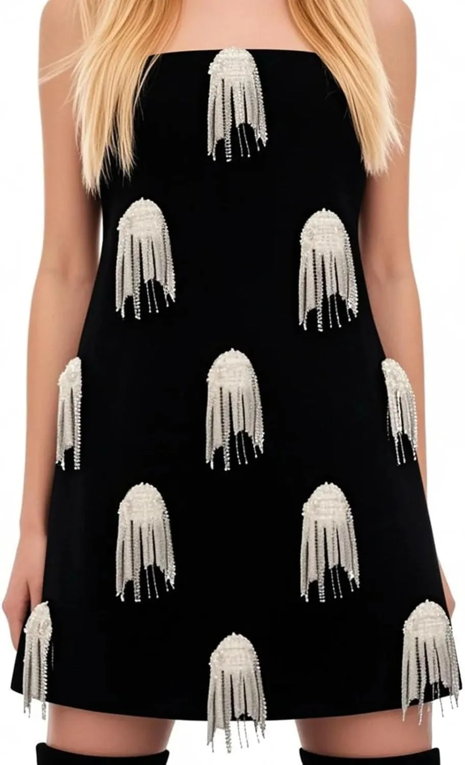 Womens Tassel Detail Slim Dress - Strapless Sleeveless High Waist Evening Gown