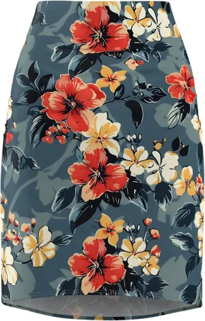 Women's Vibrant Floral Pencil Skirt  Stretchy Mid-Waist Bodycon Design  Red, Orange, Yellow Flowers on Grayish-Blue
