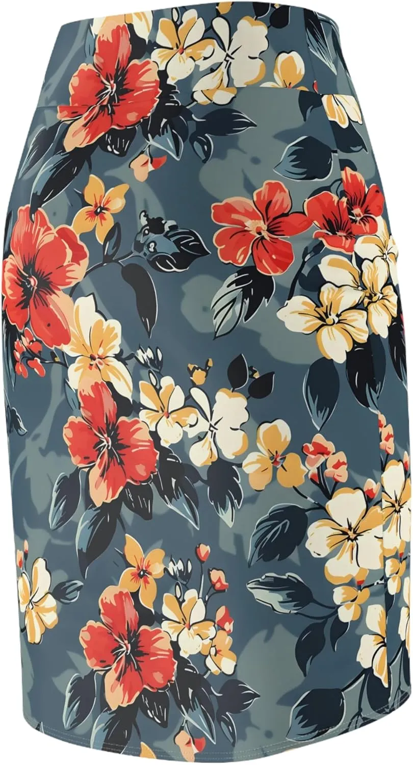 Women's Vibrant Floral Pencil Skirt  Stretchy Mid-Waist Bodycon Design  Red, Orange, Yellow Flowers on Grayish-Blue