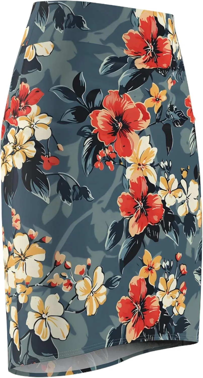 Women's Vibrant Floral Pencil Skirt  Stretchy Mid-Waist Bodycon Design  Red, Orange, Yellow Flowers on Grayish-Blue