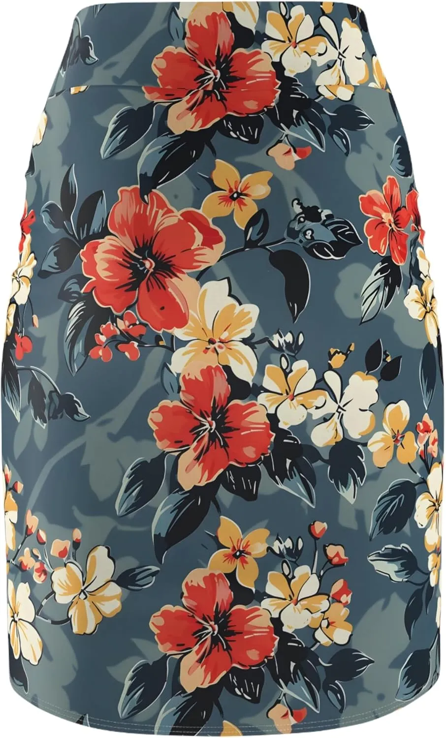 Women's Vibrant Floral Pencil Skirt  Stretchy Mid-Waist Bodycon Design  Red, Orange, Yellow Flowers on Grayish-Blue