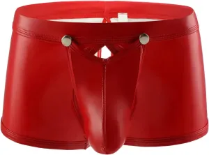 XIAOBU Novelty Boxer Briefs Mens Buckle Patchwork Skinny Lingerie Underwear Solid Sexy Faux Leather Underpants,Red,L