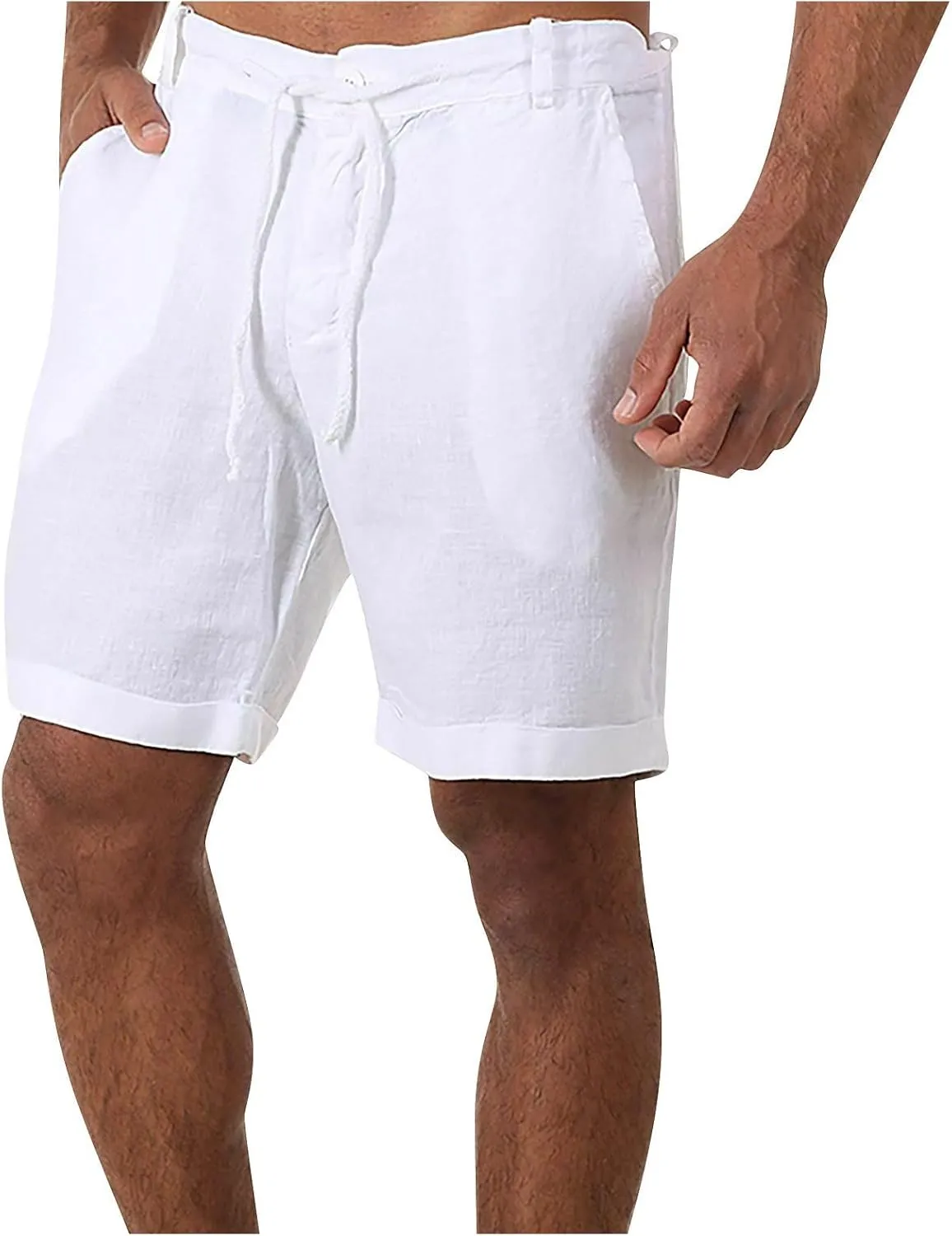 Ymosrh Men's Shorts Casual Fashion Cotton Linen Drawstring Solid Color Beach Shorts Pants Casual