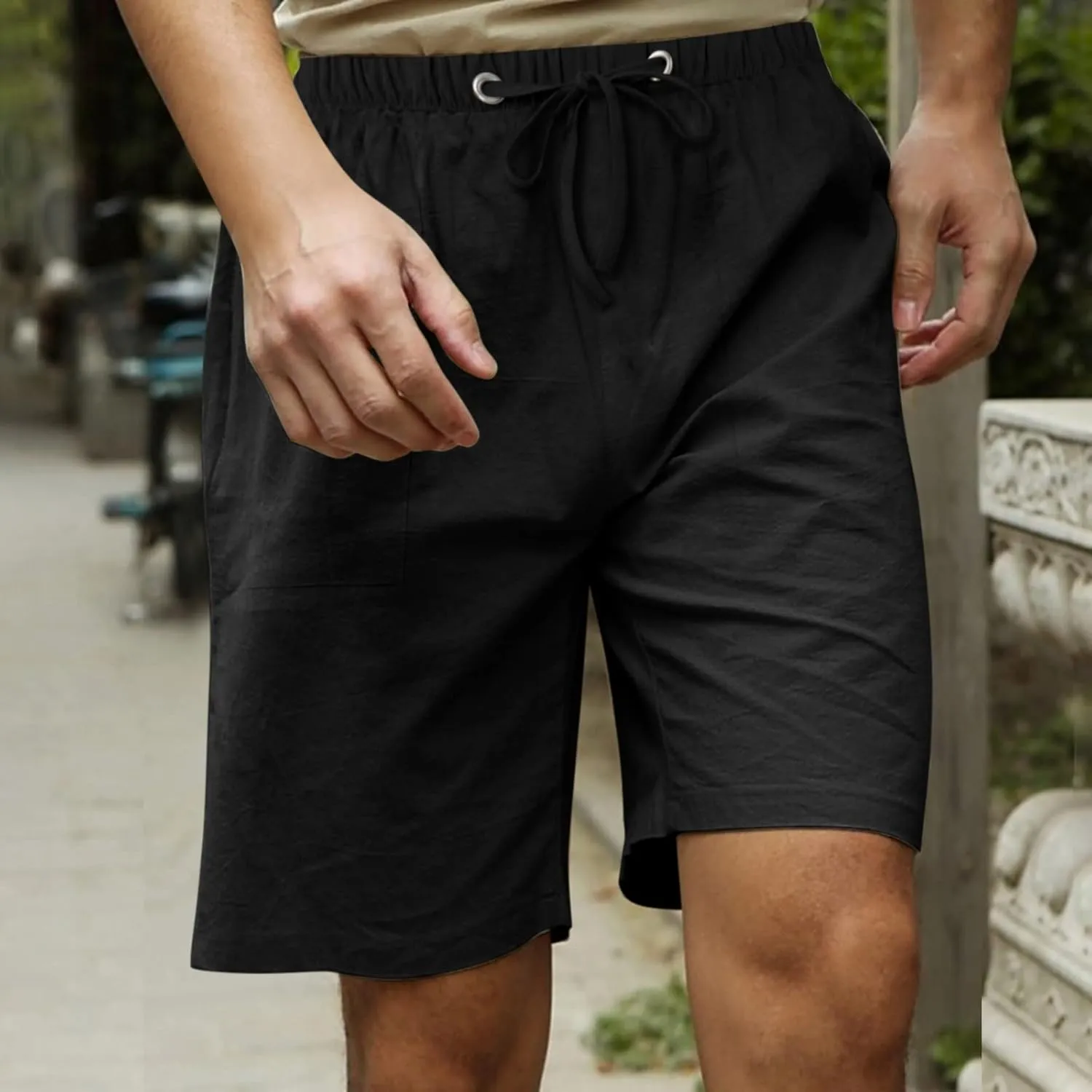Ymosrh Men's Shorts Fashion Casual Cotton Hemp Drawstring Solid Color Beach Shorts Pants Casual, M-5XL