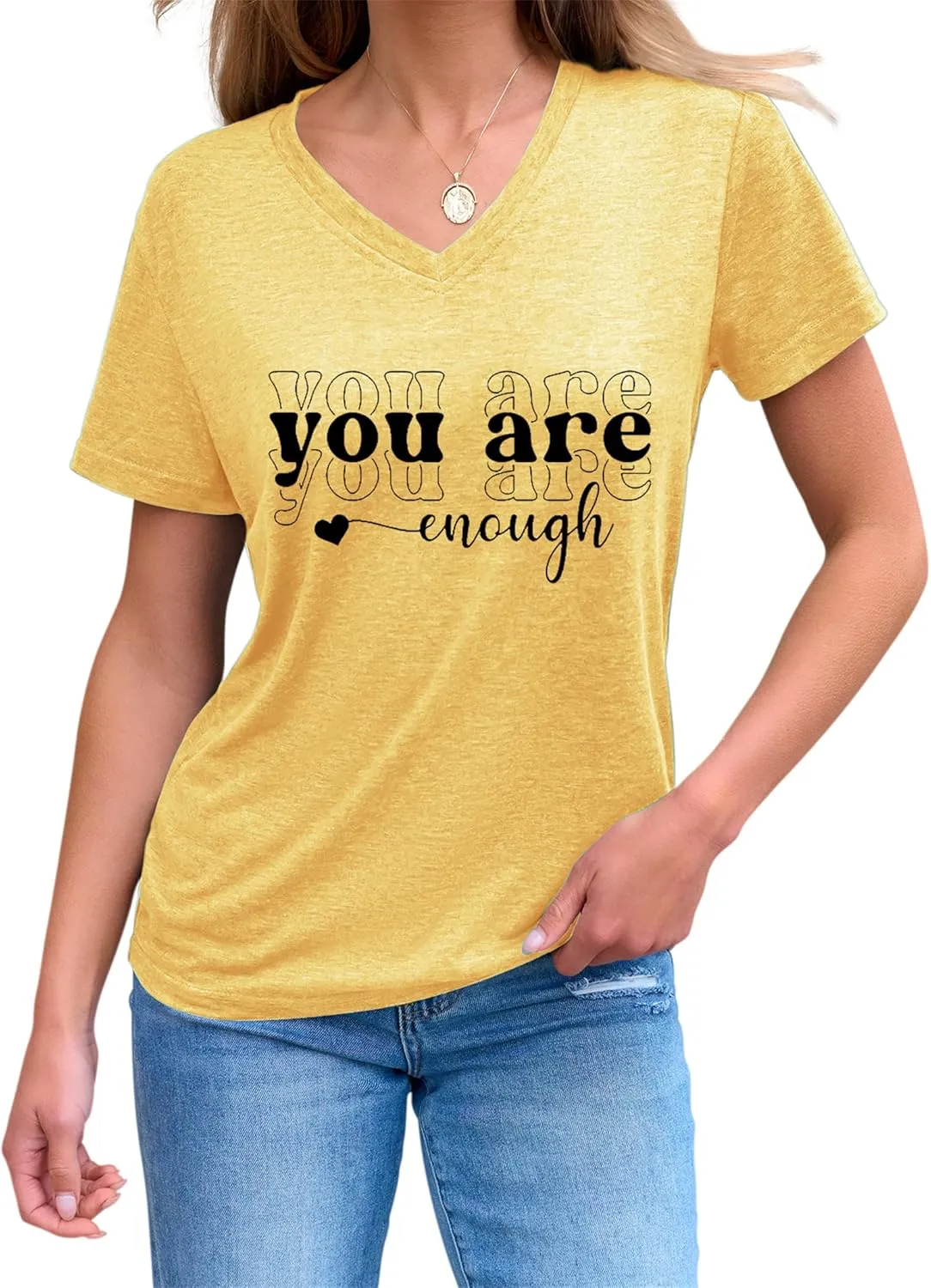 You are Enough Shirts for Women Inspirational T-Shirt V Neck Cute Heart Graphic Tees Casual Summer Tops