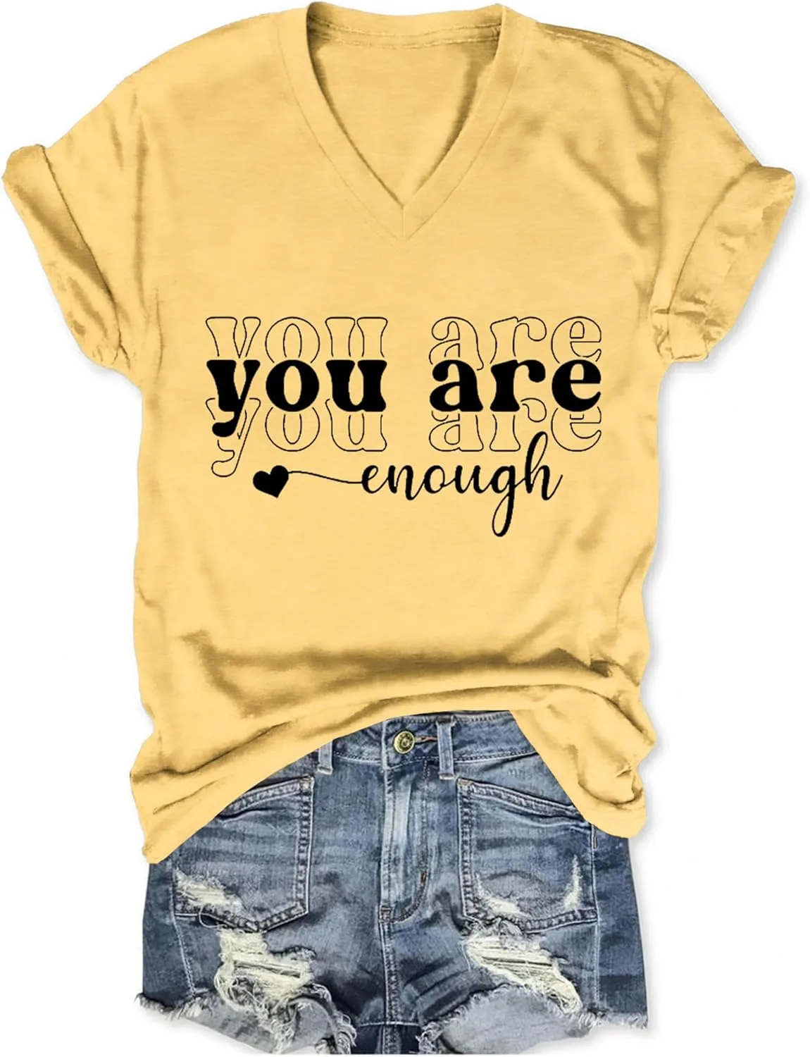 You are Enough Shirts for Women Inspirational T-Shirt V Neck Cute Heart Graphic Tees Casual Summer Tops