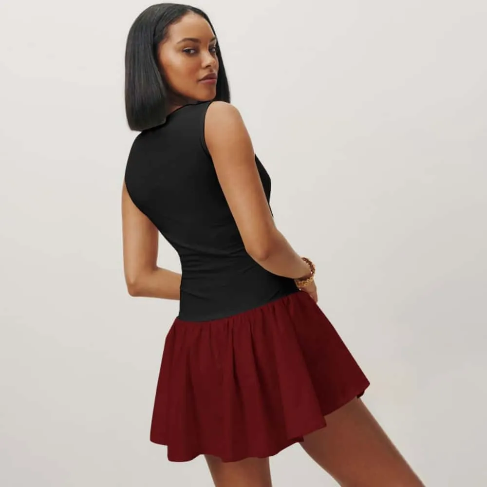 YOXUA Women's Tank Drop-Waist A Line Dress Sleeveless Crewneck Solid Slim Fit Puffy Beach Short Summer Dresses