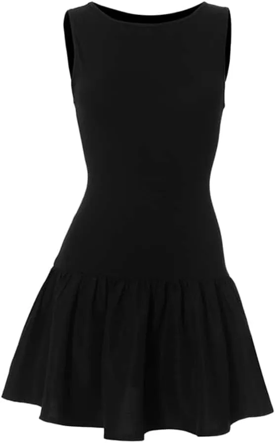 YOXUA Women's Tank Drop-Waist A Line Dress Sleeveless Crewneck Solid Slim Fit Puffy Beach Short Summer Dresses