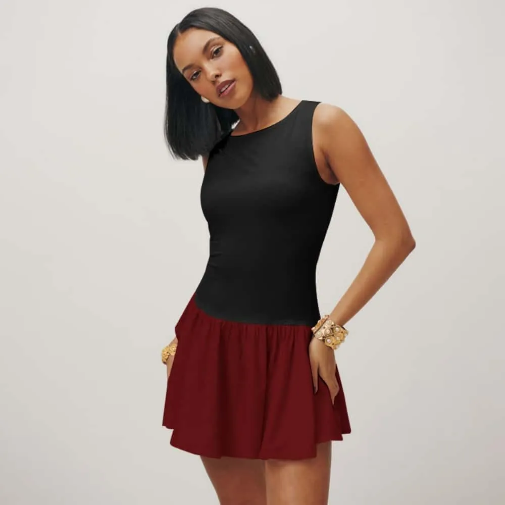 YOXUA Women's Tank Drop-Waist A Line Dress Sleeveless Crewneck Solid Slim Fit Puffy Beach Short Summer Dresses