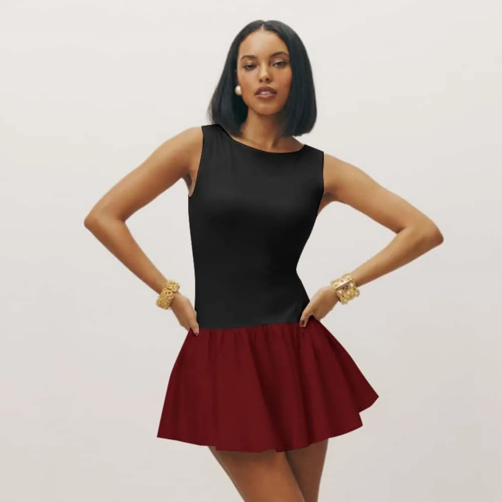 YOXUA Women's Tank Drop-Waist A Line Dress Sleeveless Crewneck Solid Slim Fit Puffy Beach Short Summer Dresses