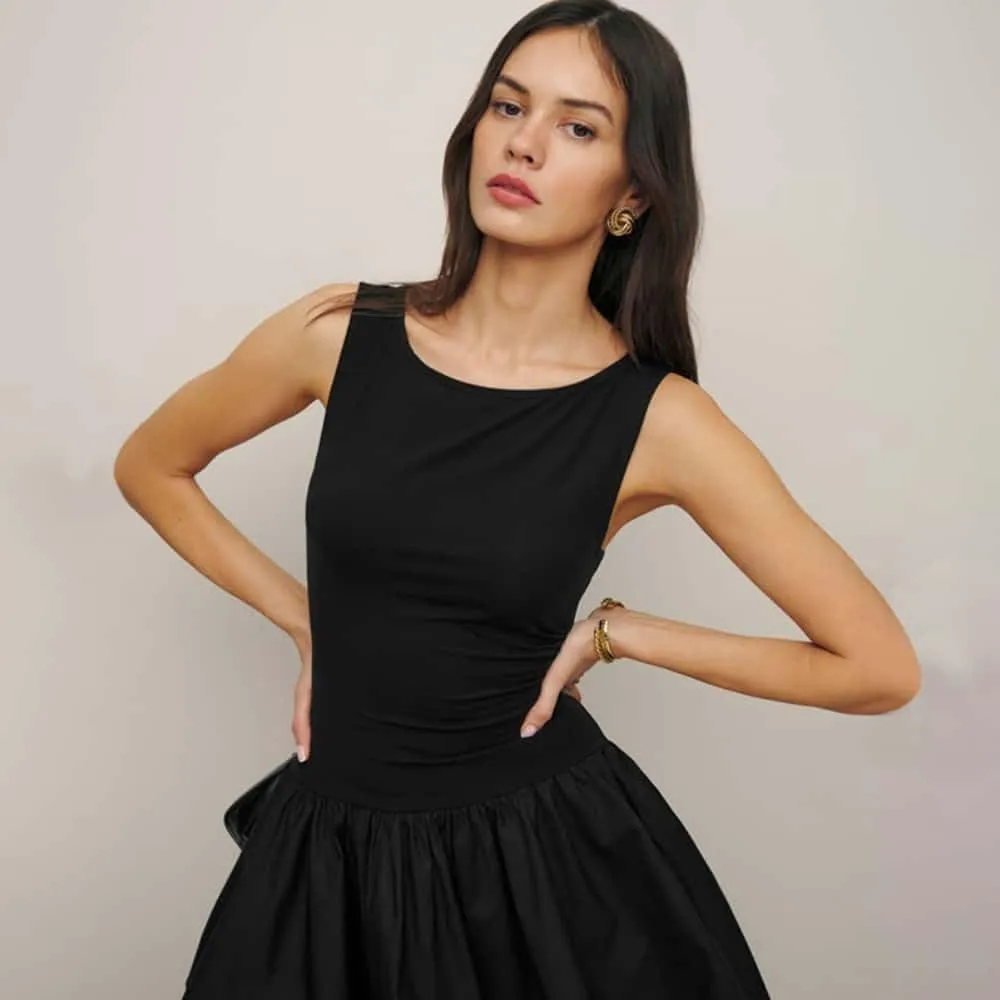 YOXUA Women's Tank Drop-Waist A Line Dress Sleeveless Crewneck Solid Slim Fit Puffy Beach Short Summer Dresses
