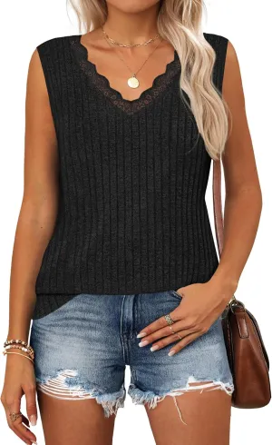 ZESICA Womens Summer Tank Top Sleeveless V Neck Lace Loose Fit Basic Tops Shirts 2025 Fashion Clothes