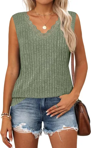 ZESICA Womens Summer Tank Top Sleeveless V Neck Lace Loose Fit Basic Tops Shirts 2025 Fashion Clothes